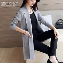 Load image into Gallery viewer, TIGENA Casual Long Cardigan Women with Pocket 2019 Autumn Winter Long Sleeve Sweater Cardigan Female Knitted Jacket Women Pink