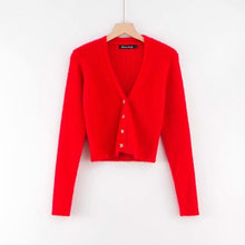 Load image into Gallery viewer, Fall 2019 cropped cardigan women crop sweater button ladies knitted sweater kawaii christmas sweater korean v neck sweaters red