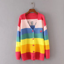Load image into Gallery viewer, Danjeaner V Neck Single Breasted Knitted Cardigans Women Harajuku Rainbow Stripes Letter Long Sleeve Sweaters Streetwear Jumpers