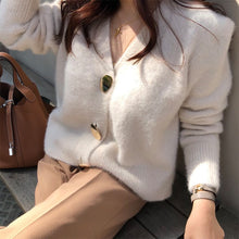 Load image into Gallery viewer, FMFSSOM Golden Shiny Button Single Breasted Woolen Women Cardigans Sweater Casual Female Warm Elegant Autumn Winter
