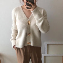 Load image into Gallery viewer, FMFSSOM Golden Shiny Button Single Breasted Woolen Women Cardigans Sweater Casual Female Warm Elegant Autumn Winter
