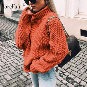 Forefair Oversize Turtleneck Knitted Sweater Winter Knitwear Plus Size Slim Solid Green Orange White Warm Casual Sweater Women