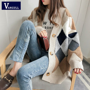 VANGULL Women Sweaters Autumn Winter 2019 fashionable Casual Plaid V-Neck Cardigans Single Breasted Puff Sleeve Loose Sweater