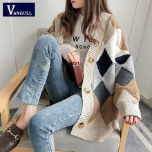 Load image into Gallery viewer, VANGULL Women Sweaters Autumn Winter 2019 fashionable Casual Plaid V-Neck Cardigans Single Breasted Puff Sleeve Loose Sweater
