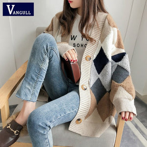 VANGULL Women Sweaters Autumn Winter 2019 fashionable Casual Plaid V-Neck Cardigans Single Breasted Puff Sleeve Loose Sweater