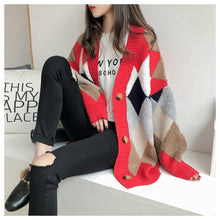 Load image into Gallery viewer, VANGULL Women Sweaters Autumn Winter 2019 fashionable Casual Plaid V-Neck Cardigans Single Breasted Puff Sleeve Loose Sweater
