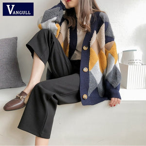 VANGULL Women Sweaters Autumn Winter 2019 fashionable Casual Plaid V-Neck Cardigans Single Breasted Puff Sleeve Loose Sweater