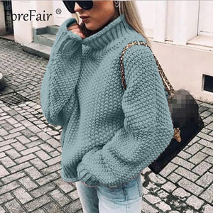 Forefair Oversize Turtleneck Knitted Sweater Winter Knitwear Plus Size Slim Solid Green Orange White Warm Casual Sweater Women