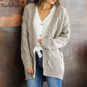 Nadafair Winter Knit Oversized Cardigan Women Twist Solid Casual Plus Size Knitted Cardigan Pull Femme Outerwear