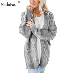 Nadafair Winter Knit Oversized Cardigan Women Twist Solid Casual Plus Size Knitted Cardigan Pull Femme Outerwear