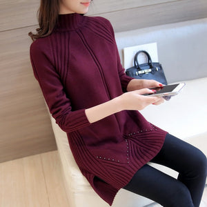 Hot selling simple fashion design pullover knitting women sweater good elasticity female long warm ladies sweater knitwear femme