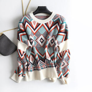 AOEMQ Winter Warm Sweater Women O-Neck Folk Punk Patchwork Irregular Pattern Sweater Women Tops Clothing for Christmas Day