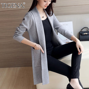 TIGENA Casual Long Cardigan Women with Pocket 2019 Autumn Winter Long Sleeve Sweater Cardigan Female Knitted Jacket Women Pink