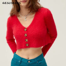 Load image into Gallery viewer, Fall 2019 cropped cardigan women crop sweater button ladies knitted sweater kawaii christmas sweater korean v neck sweaters red
