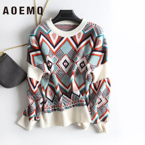 AOEMQ Winter Warm Sweater Women O-Neck Folk Punk Patchwork Irregular Pattern Sweater Women Tops Clothing for Christmas Day