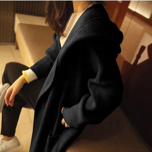 2019 New Autumn Solid Pockets Knitted Outwear Oversize Hooded Cardigans Coat Casual Female Long Thin Sweaters