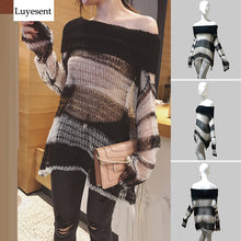 Load image into Gallery viewer, Punk Loose Women Pullover Long Sweater Gothic Thin Striped Hollow Out 2020 Lady Transparent Hole Cool Top Slash Neck Jumpers New
