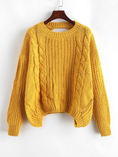 ZAFUL Drop Shoulder Cable Knit Cut Out Back Sweater Jumper Women Casual Autumn Clothing Fashion Long Sleeve Crew Neck Pullovers