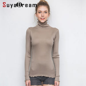 SuyaDream Women Solid Turtleneck Pullovers 80%Silk 20%Cotton Slim Fit Rib Sweaters 2019 Autumn Winter Bottoming Knit wear