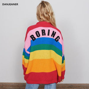 Danjeaner V Neck Single Breasted Knitted Cardigans Women Harajuku Rainbow Stripes Letter Long Sleeve Sweaters Streetwear Jumpers