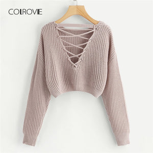 COLROVIE Pink Korean Criss Cross V Back Winter Crop Knitted Sweater Women Clothes 2018 Autumn Pullover Jumper Ladies Sweaters