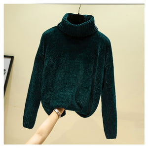 Chic Vintage chenille Cashmere Womens Full sleeve Gold velvet Sweaters Winter Ladies Solid Turtleneck Loose female jumpers 2019